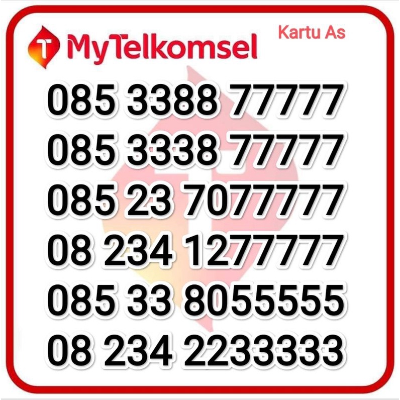 Kartu Perdana Kartu As Nomor Cantik Prepaid Sim Card Telkomsel Prabayar Panca 77777 8055555 33333