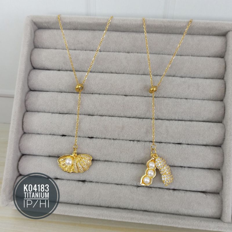 Kalung Serut Titanium Koye Zircon Mutiara K04183