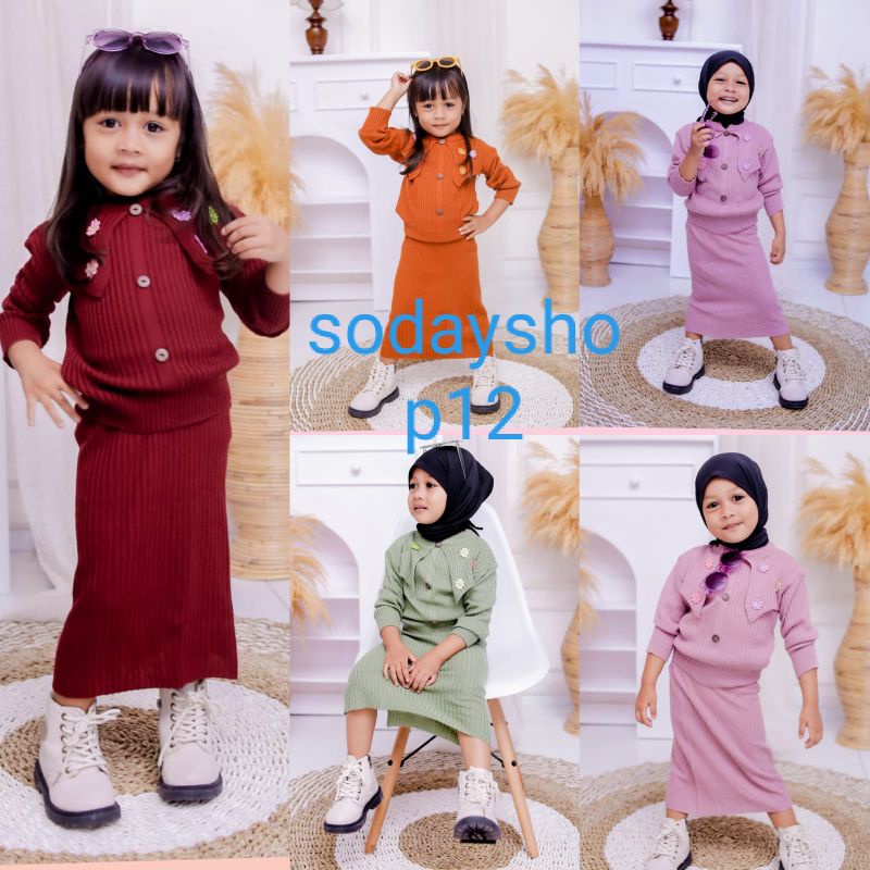 Setelan rok bunga sweater rajut anak perempuan