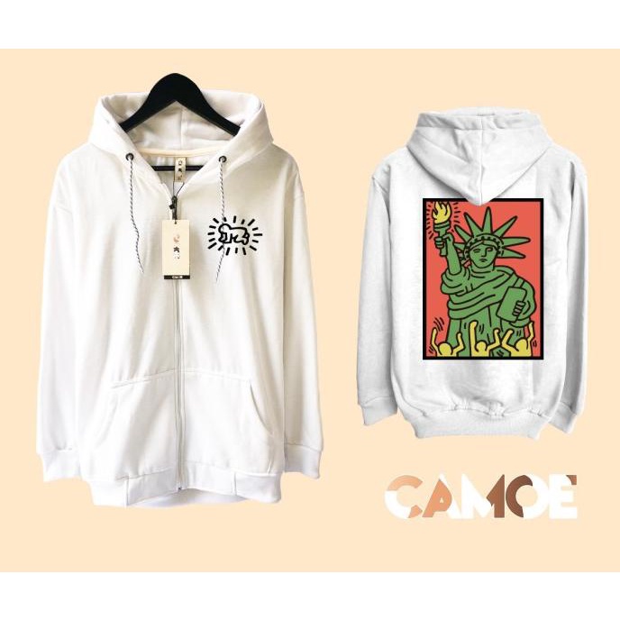 Jacket Keith Haring Statue of Liberty USA Sweater Hoodie Pria Bahan Fleece Sablon Polyflex Zipper Re