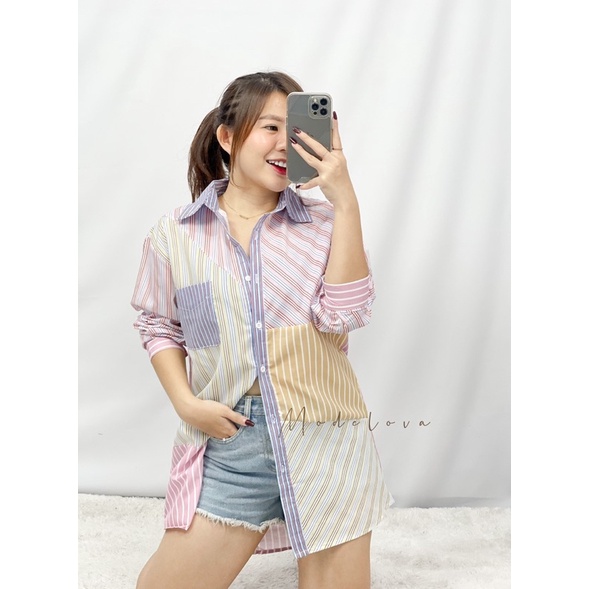 MDLV ~ 2480# Astella Patchwork Striped Shirt Kemeja Salur Import