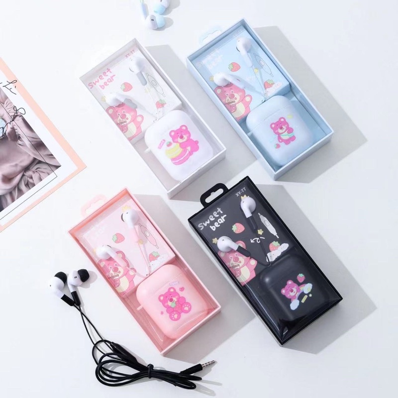 [XY 77] Set Headset Earphone karakter SERI XY 77 motif Sweet bear so cute / + Wadah Earphone Motif in ear