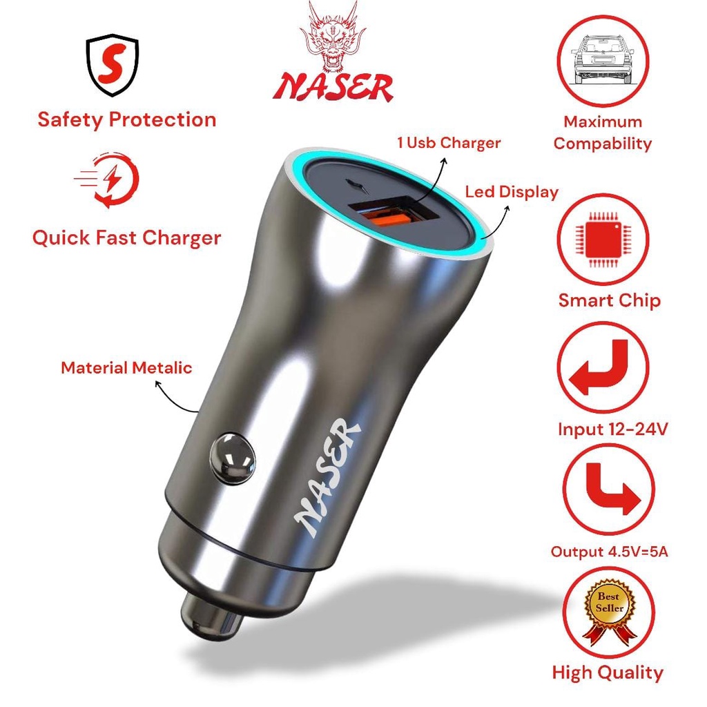 SAVER NASER 1USB SB-05 / ADAPTOR CAR CHARGER 22.5W MAX OUTPUT HIGH POWER PLUS PACK/PRODUK ORIIGINAL