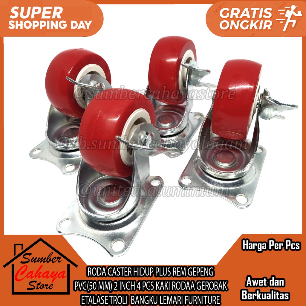 RODA CASTER HIDUP TANPA REM GEPENG PVC MERAH PLAT PELAT BISA PUTAR (50 MM) 2 INCH 4 PCS KAKI RODAA K