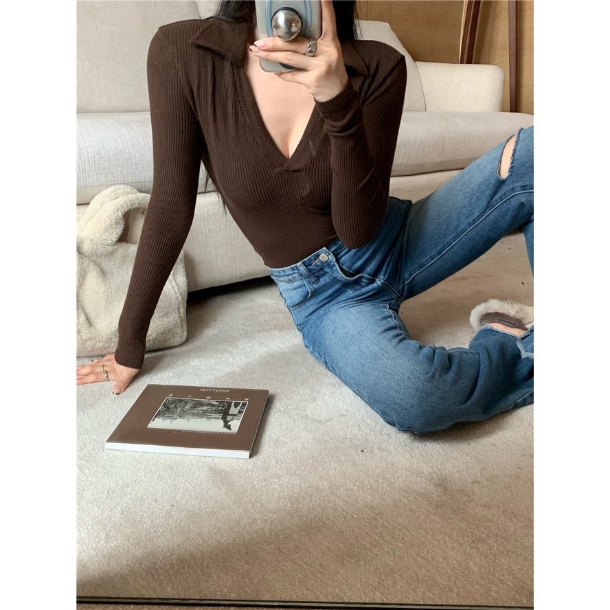 ◊Suhao hot girl V-neck lengan panjang one-piece T-shirt wanita musim gugur 2022 baru desain batin hijau rasa self-budidaya kemeja top