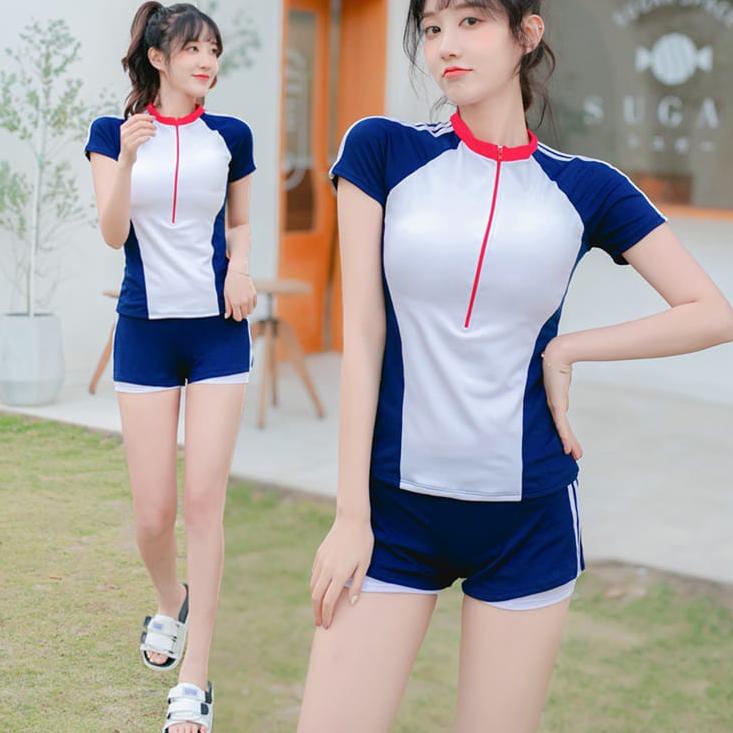 Safe Payment Swimsuit Baju Renang Wanita Model Two Piece Lengan Pendek 8076