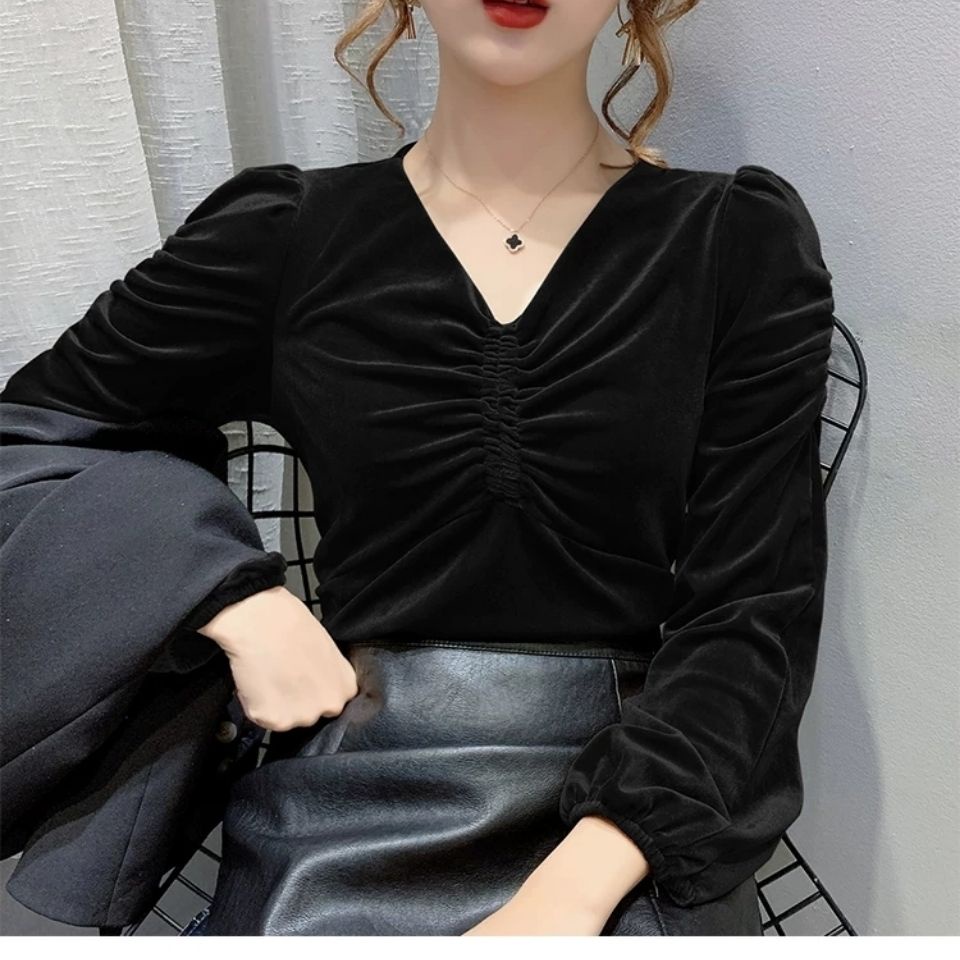 ㍿✙Suhao emas beludru bottoming kemeja wanita musim semi dan musim gugur 2022 gaya baru gaya asing longgar all-match puff lengan v-neck top lengan panjang t-shirt