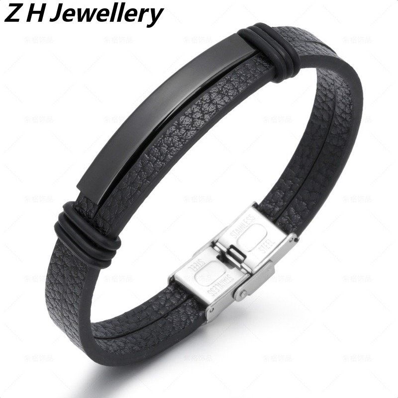 [Z H Perhiasan] Hip Hop Rock Retro Pria Fashion Gelang Kulit Stainless Steel Pesta Perhiasan Aksesoris