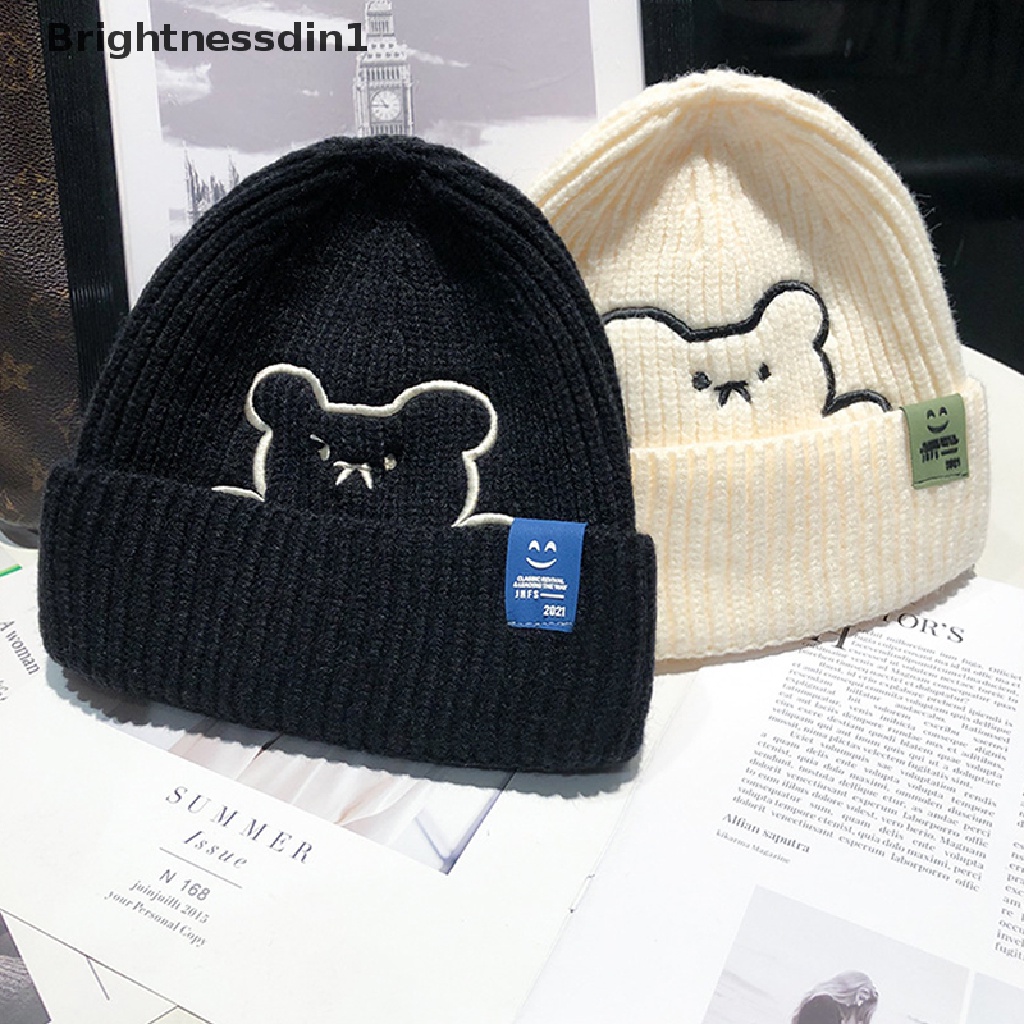 [Brightnessdin1] Bear Topi Wol Rajut Wanita Musim Gugur Dan Dingin Model Tumpuk Jepang Internet Topi Terkenal Topi Bonnets Untuk Wanita Butik