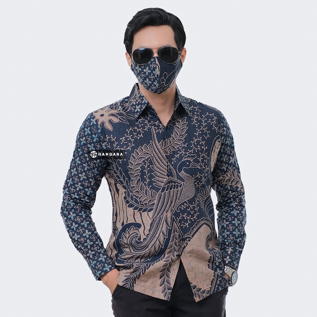 Baju Kemeja Batik Pria Lengan Panjang Slim Fit Premium Modern Full Furing Katun Halus Original Handara Motif Sekar Navy HB-209