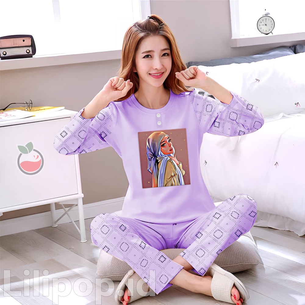 Lilipop.id  Baju Tidur Wanita Muslimah Celana Panjang PP Allsize Lengan Panjang Baby Doll Bahan Kaos Dewasa