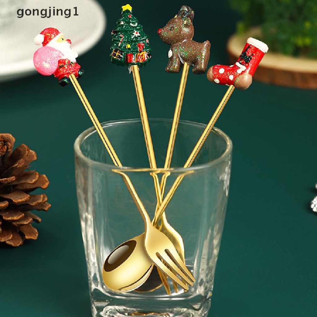 Ggg 2PCS Christmas Gift Sendok Garpu Sendok Garpu Set Rusa Dekorasi Pohon Natal Dessert Spoon Fruit Fork Sendok Kopi Cutlery Gift ID