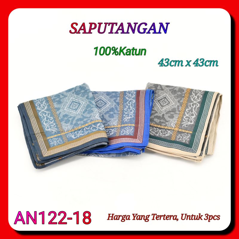 3pcs Sapu Tangan AN122 43cm x 43cm Katun Import