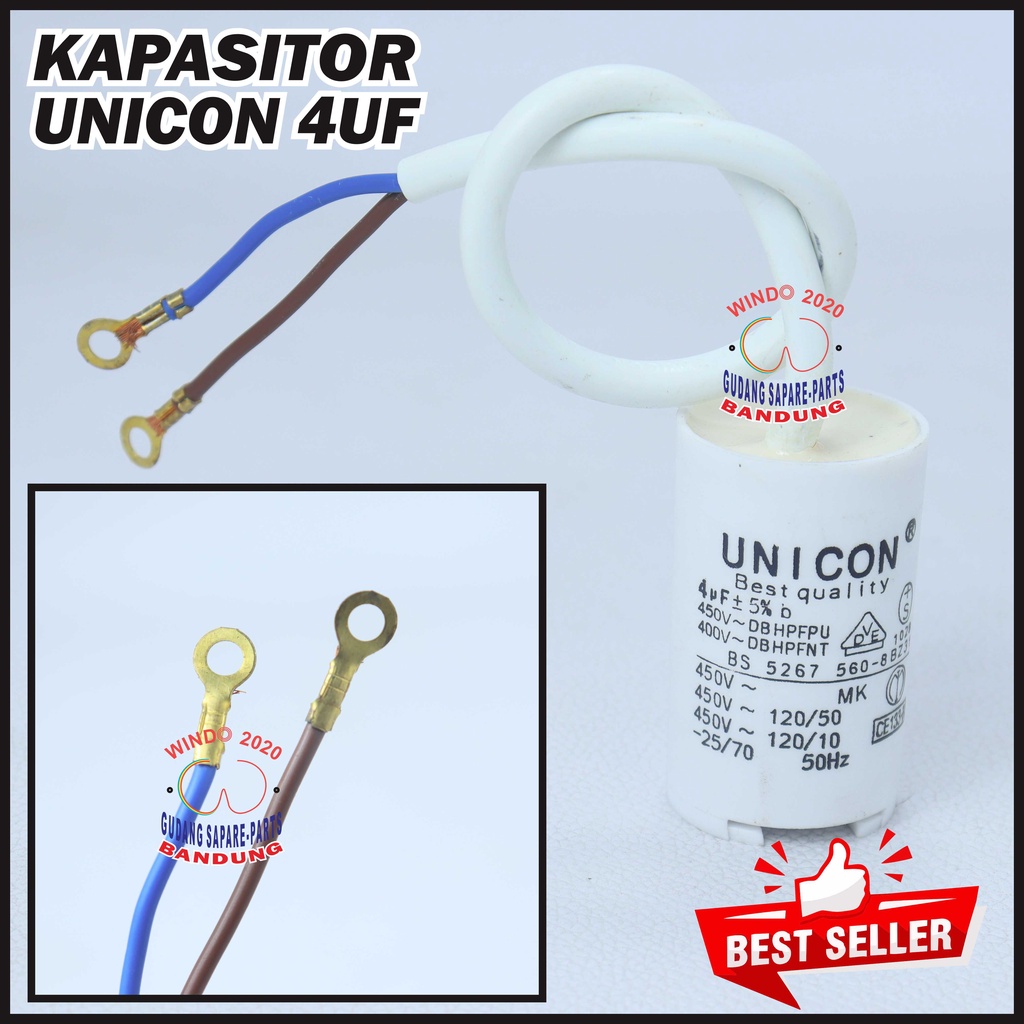 KAPASITOR 4UF BULAT SINGLE UNICON |  ELCO / CAPASITOR MESIN CUCI / POMPA AIR 4 UF MIKRO-FARAD