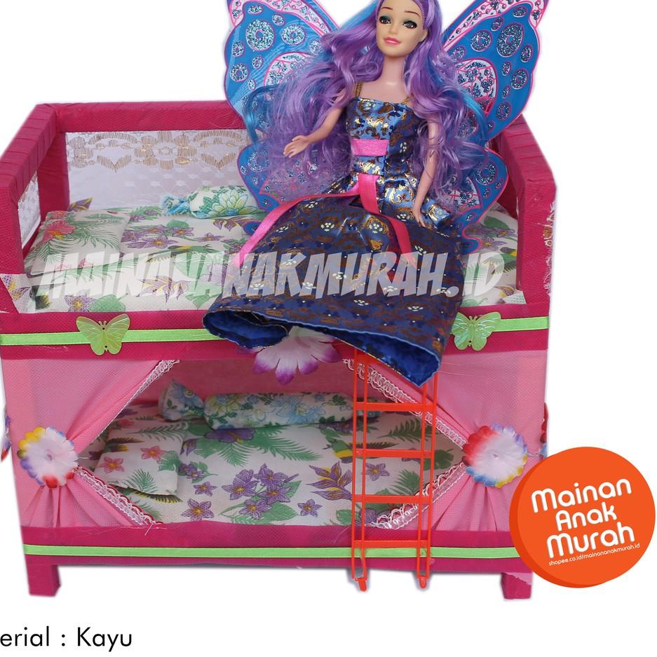 Menarik Set Kamar Boneka Barbie Dengan Ranjang Susun Kasur Tempat Tidur Kayu Kelambu Tirai Susun Ber
