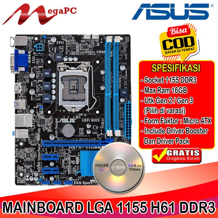 Mobo Mainboard Motherboard Soket 1155 H61 Ddr3 Gigabyte/Asus