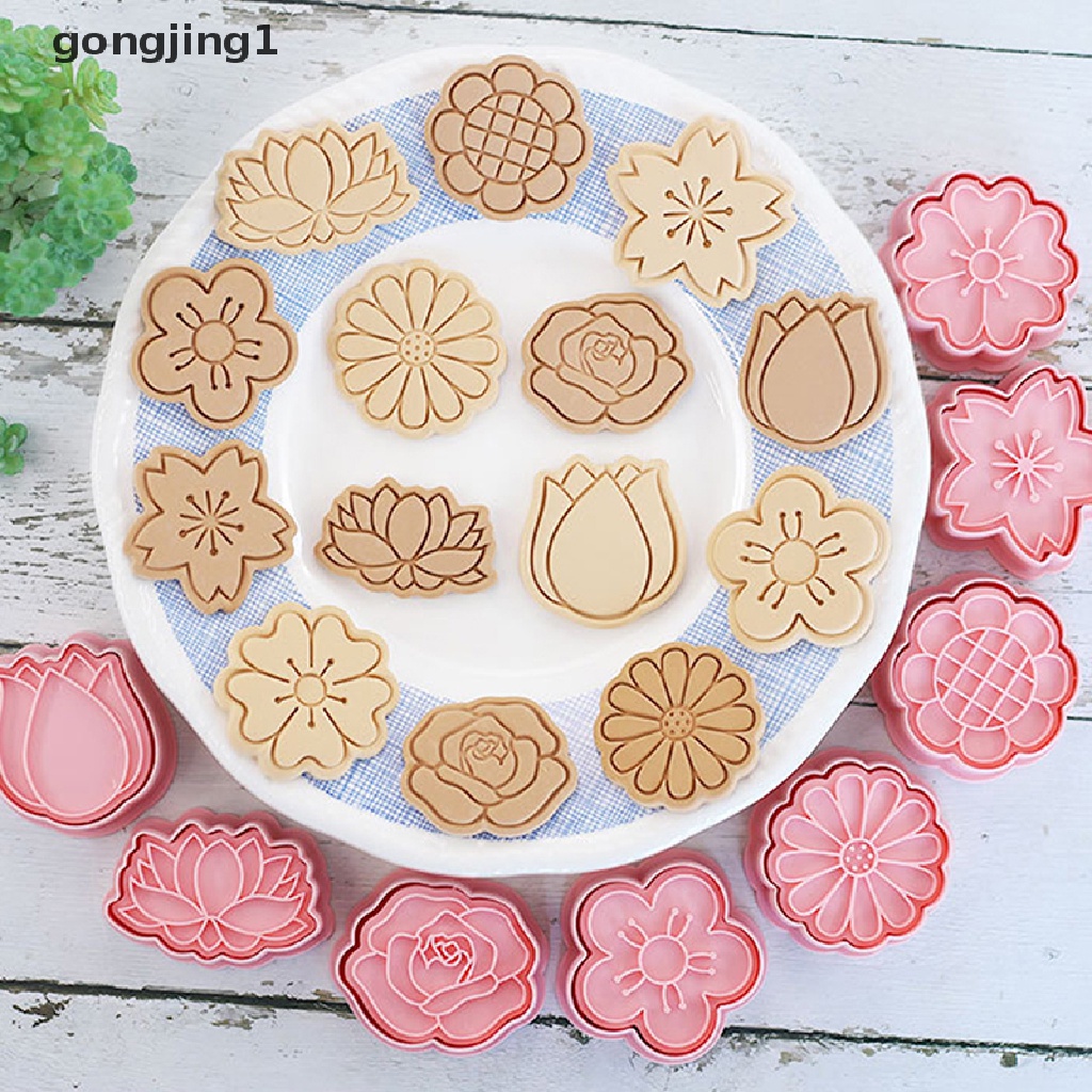 Ggg 8Pcs /Set Bentuk Bunga Pemotong Kue Kering 3D Plastik Biskuit Cetakan Cookie Stamp DIY Fondant Cetakan Kue Dapur Baking Pastry Bakeware Cookie Press Mold ID