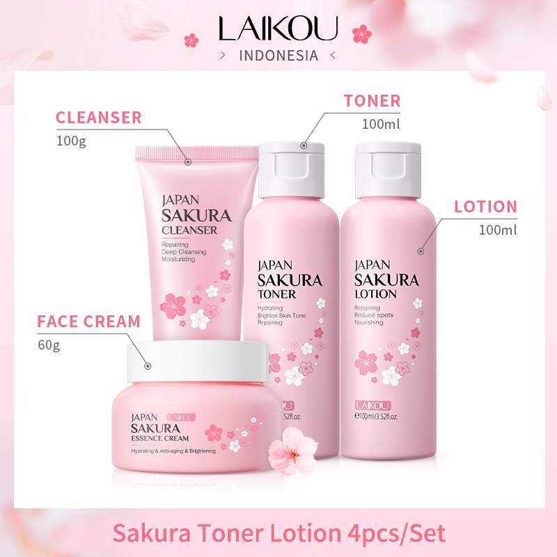 LAIKOU Japan Sakura Glowing Toner Lotion Moisturizer Mengurangi Bintik Hitam Skin Care Set 4pcs