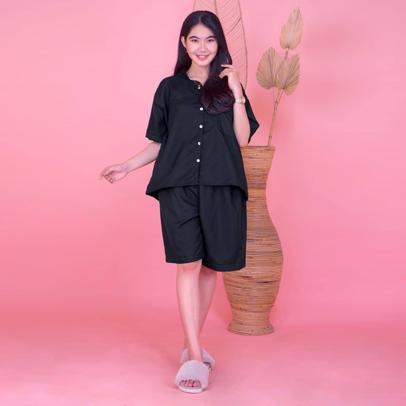 Setelan Wanita Piyama Polos Jumbo Pendek WARNA RANDOM | Full Kancing WARNA RANDOM | Baju Tidur Wanita | Premium Quality | COD