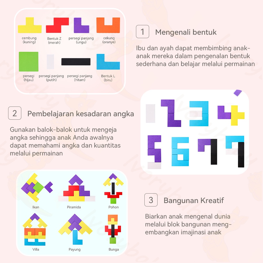 Ivorybaby Puzzle tetris kayu mainan edukasi tangram Tetris kayu Russian block toys