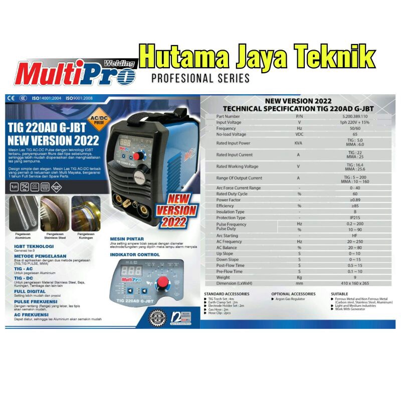 Mesin Las ARGON MULTIPRO TIG 220 AD MJB G-JBT 200 AC/DC Pulse Alumunium