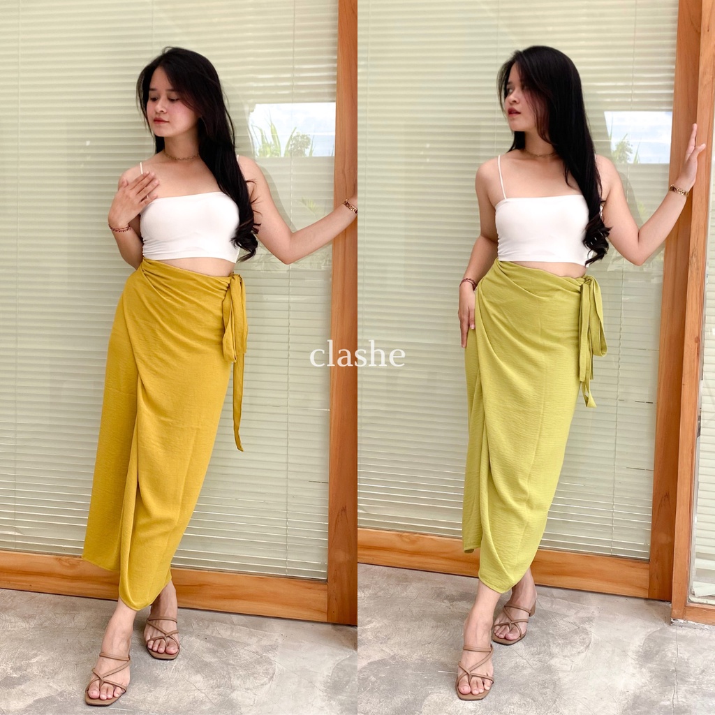 Rok Wanita Panjang Lilit Polos Bahan Crinkle Airflow Anti Lecek Korean Style Terbaru Kekinian Viral Elsa Skirt by Clashe