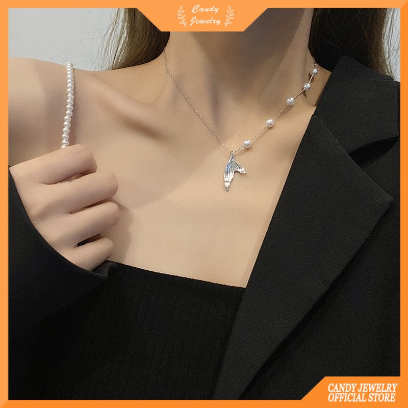 Kalung Rantai Klavikula Model Double Layer Aksen Kupu-Kupu Mutiara Gaya Korea Untuk Wanita