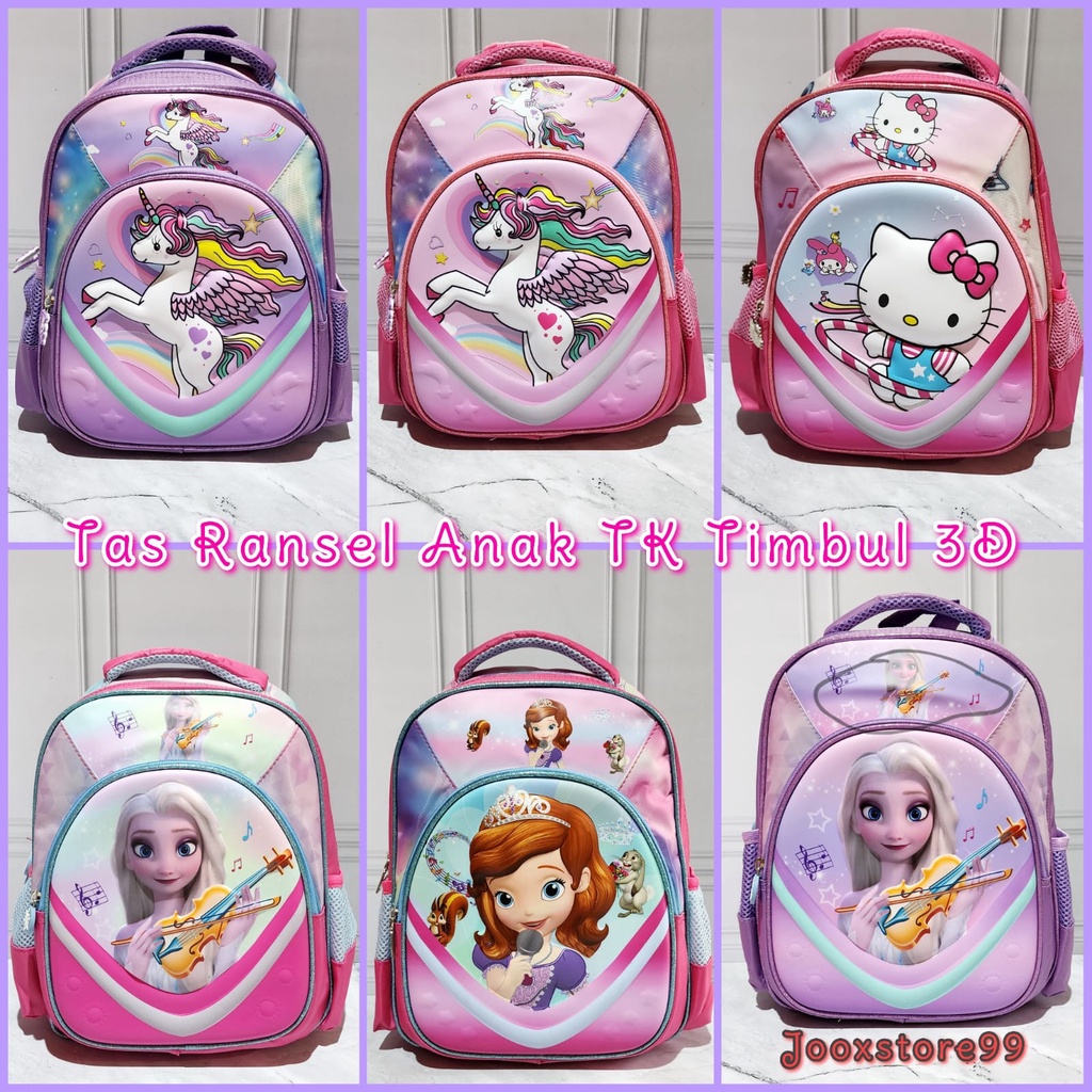 Tas Sekolah Ransel Anak TK dan Paud / Playgroup Motif Unicorn Frozen Hellokitty Sofia Timbul 3D Tas Import Backpack Anak Perempuan Tas Gendong Anak Sekolah