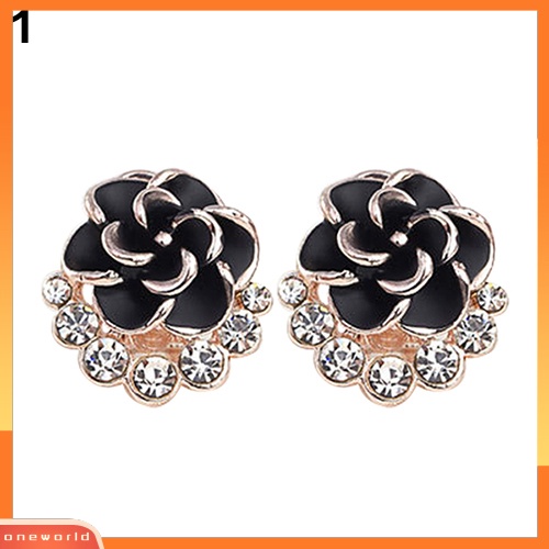 [WONE] Wanita Peony Camellia Bunga Berlian Imitasi Alloy Ear Stud Earrings Perhiasan Pesta