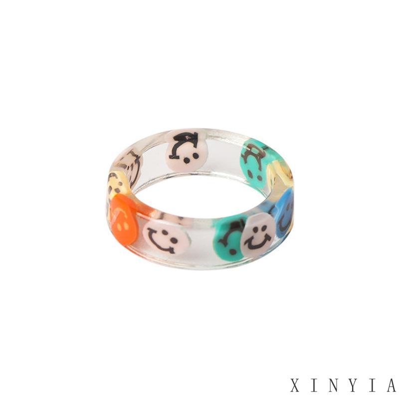 【Bayar di tempat】Resin Tidak Luntur Cincin Wanita Kepribadian Fashion Akrilik Asam Asetat Tembikar Lembut Smiley Ring