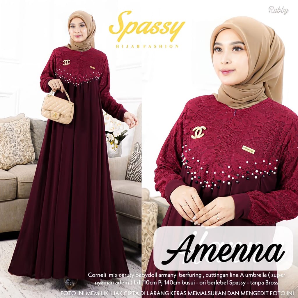 Amenna Dress Wanita Gamis Brukat Baju Kondangan Busana Muslim Wanita Terbaru Gamis Jumbo Ceruty Babydoll Aksen Mutiara