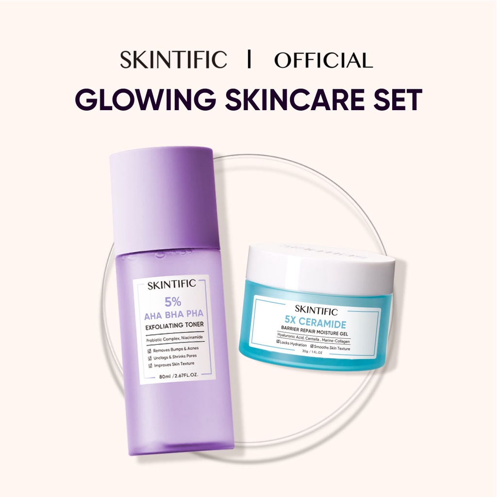 SKINTIFIC - 5% Aha Bha Pha Exfoliating Toner & 5X Ceramide Barrier Repair Moisture Gel 30G Pelembab Wajah