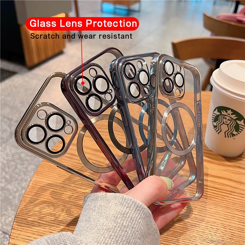 IPHONE Mewah Plating Bening Logo Lubang Shockproof Phone Case Untuk Iphone11 12 13 14 Pro Max Mini XR X XS 78 Plus Cover Perlindungan Lensa