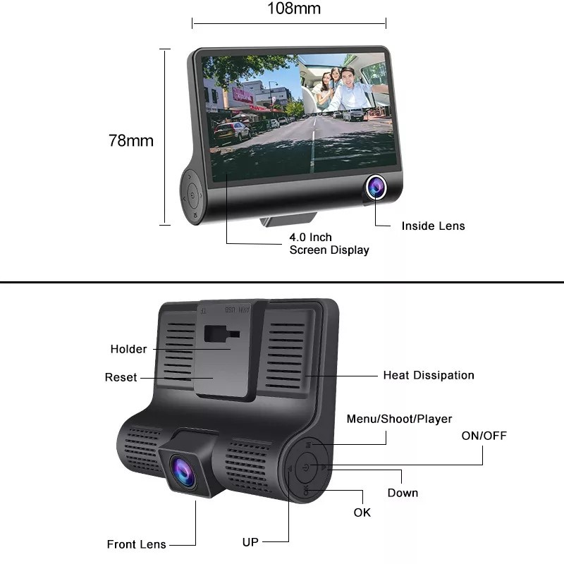 NA - KAMERA MOBIL 3 KAMERA HD LAYAR 4in DVR MOBIL DASHCAM K319