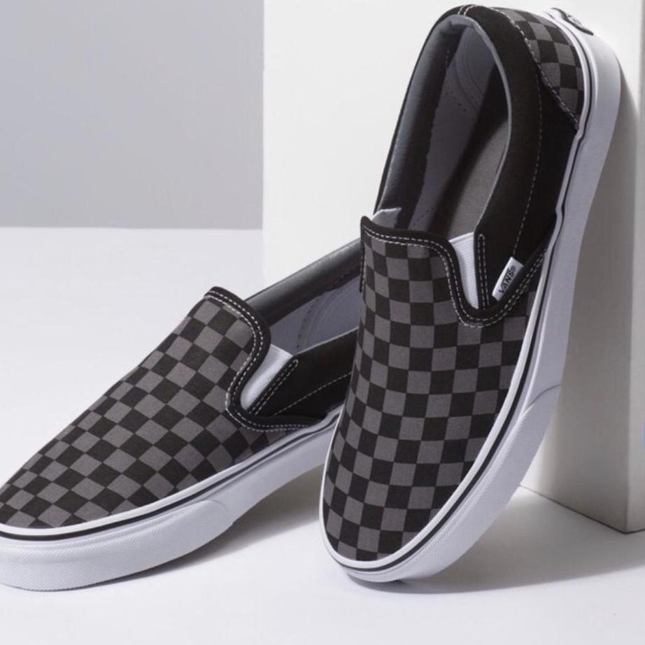 Sepatu Vans Slip On Sol Checkerboard Grey Black White Abu Hitam Putih Motif Kotak Catur Sekolah Kerja Kuliah hangout Keren Santai Murah