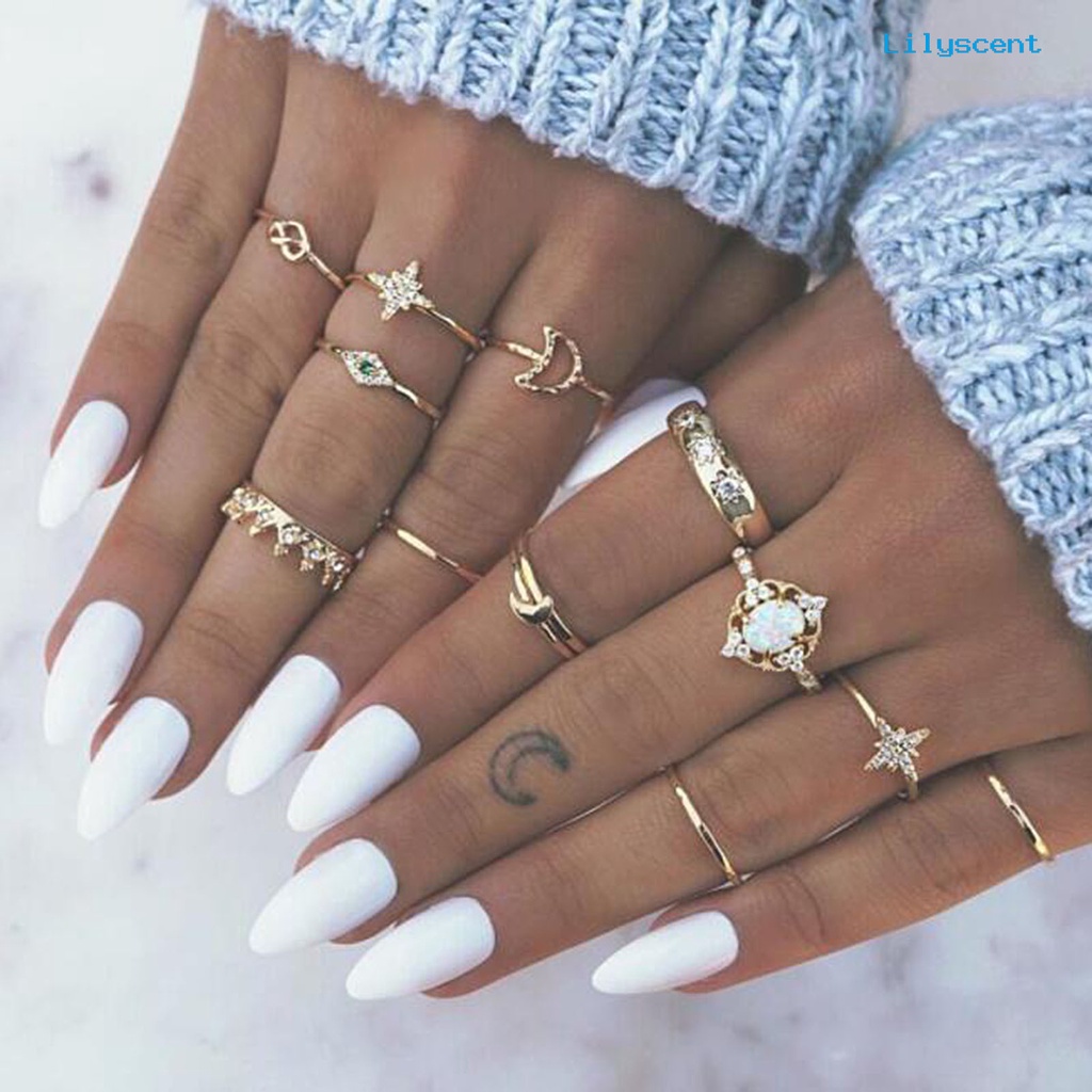 [LS]13Pcs /Set Cincin Fashion Bersinar Berlian Imitasi Mahkota Bulan Bintang Knuckle Ring Untuk Pesta