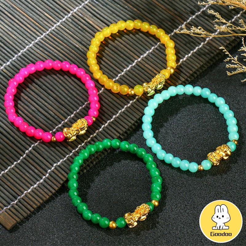 Gelang Batu Akik Manik-manik Lucky Pixiu Gelang Indah Memakai Tali Elastis Tahan Banting Manik-manik Kristal Berwarna-warni  -Doo