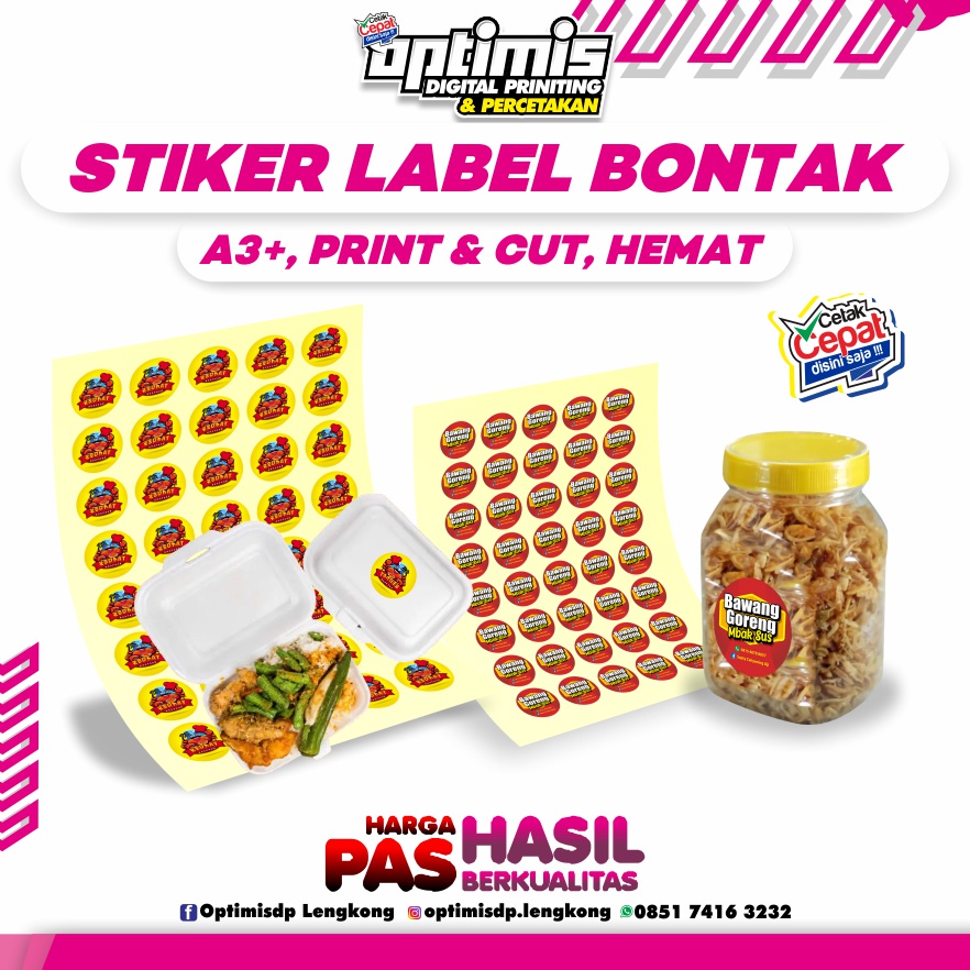 

Cetak Stiker Label Makanan Kuliner Bontak Chromo Kemasan Murah A3+ CUTTING POLA (OVAL, BULAT, KOTAK)