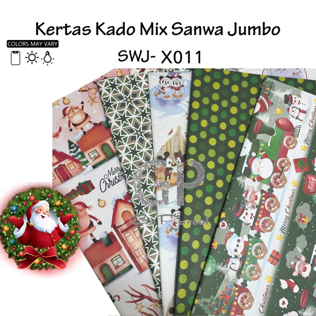 ( 5 Lembar 5 Motif ) JUMBO MIX NATAL SANWA - KERTAS KADO CHRISTMAS SANSAN WAWA - GIFT WRAPPING PAPER HANUKKAH / XMAS / POHON NATAL SNOWMAN SANTA CLAUS WHITE RED GREEN GOLD SILVER COLORS SET FULL DOFF