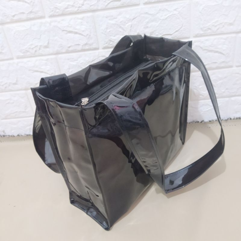 Tas tote bag resleting transparan mica fincss/pvc transparan besar