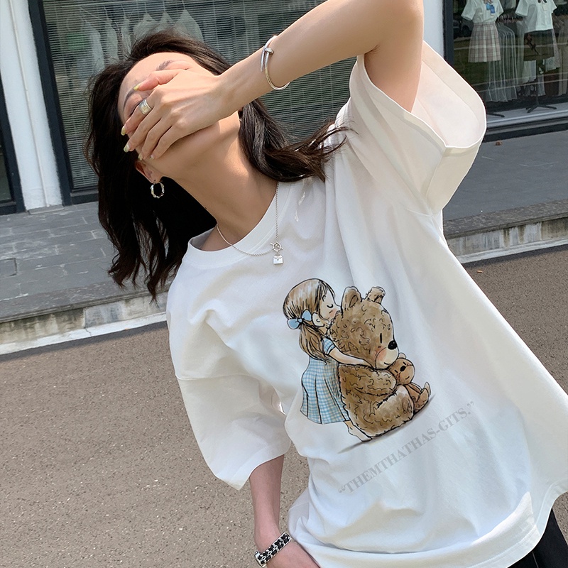 Print T-shirt Kaos Lengan Pendek Cartoon Bear girl Atasan Wanita Oversize Korean Style