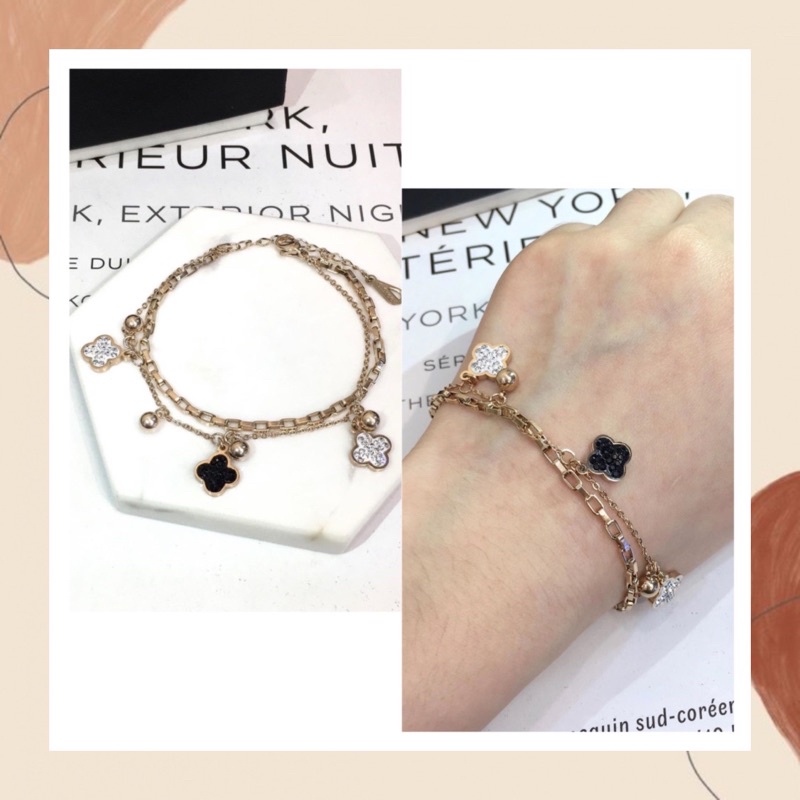 Gelang 2 Layer Titanium Premium Import Clover Elvi Aksesoris Fashion wanita Perhiasan simple Elegan 