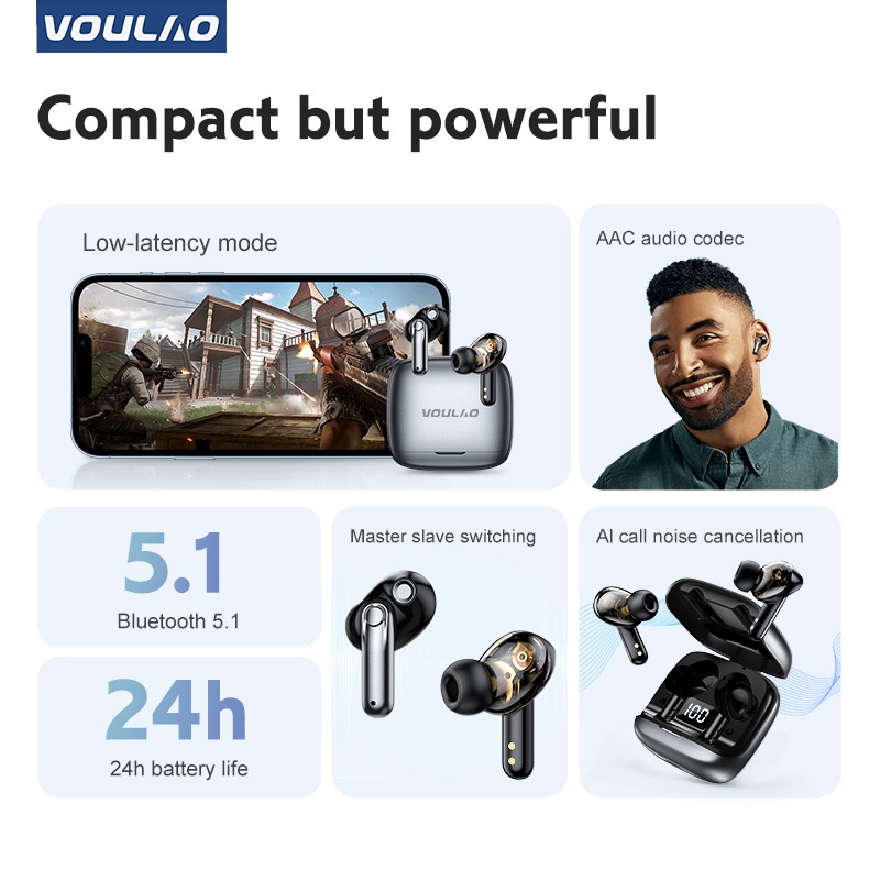 VOULAO VL5 TWS Earphone headset bluetooth 5.3 Wireless Gaming Earbuds Latensi rendah Mendukung Android/IOS With Microphone HIFI Stereo