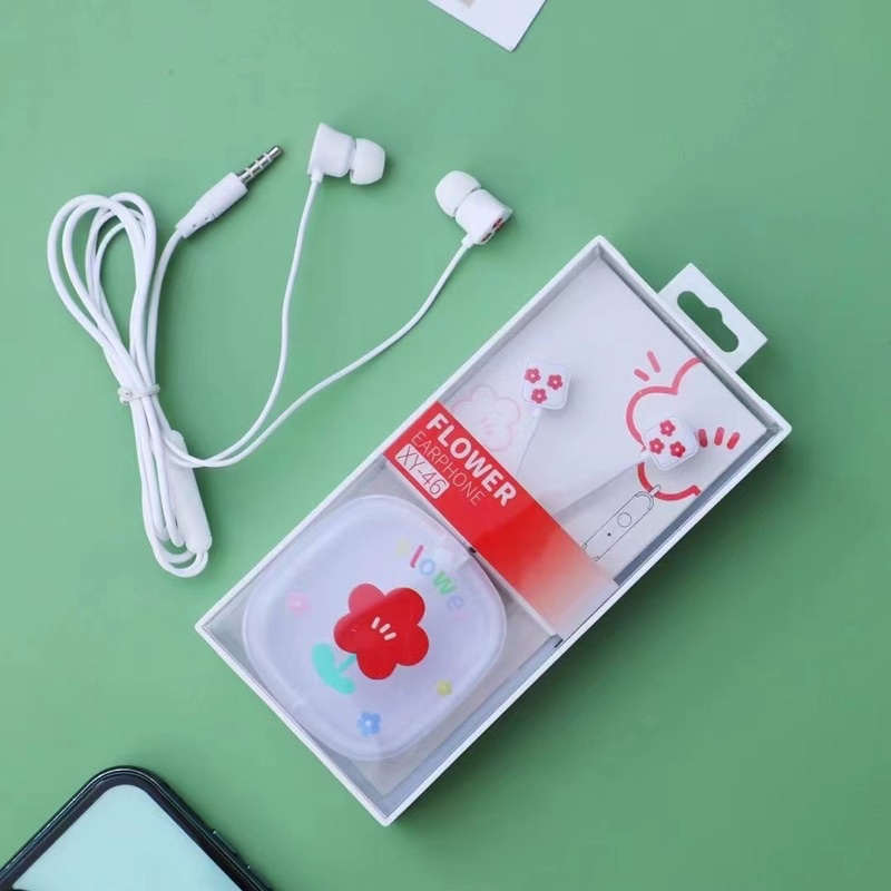 [ XY 46 ] Set Headset karakter motif FLOWER DAILY so good quality / + Wadah penyimpanan Earphone