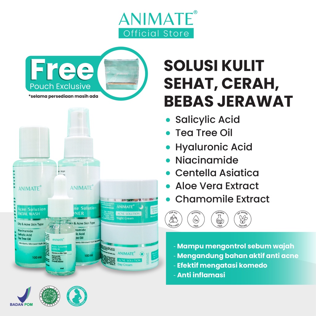 Animate Acne Solution Series 5in1/Facial Wash/Serum/Cream Pagi/Toner/Cream Malam