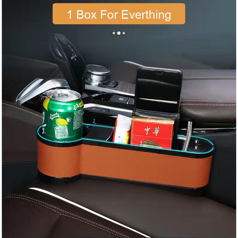 Car Seat Storage Box Kursi Mobil USB Ambient LED Side Pocket Cup Holder Organizer