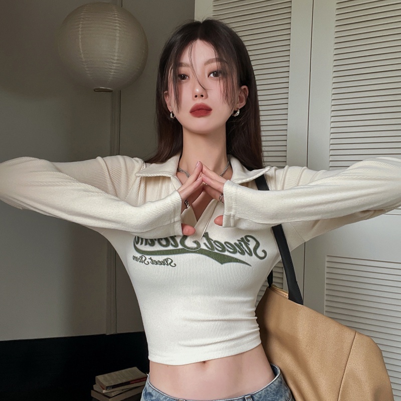 ☏⊙Suhao American Retro POLO Kerah Ketat T-shirt Wanita Musim Gugur Lengan Panjang Pendek Kemeja Jazz Dance Hot Girl Top Ins