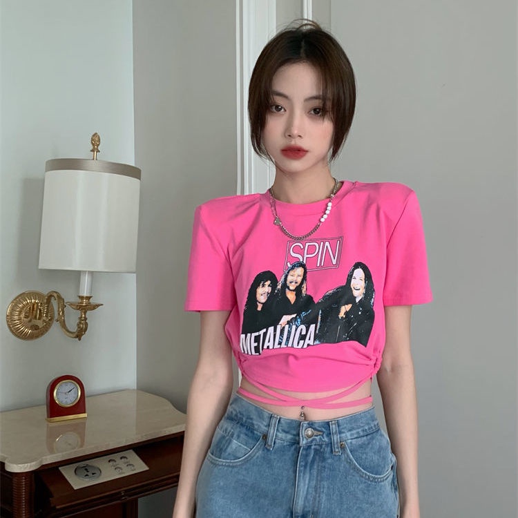 ✓♘✔Suhao manis keren hot gadis ramping pendek bahu t-shirt desain rasa tali pencetakan musim panas lengan pendek tidak teratur top wanita tren