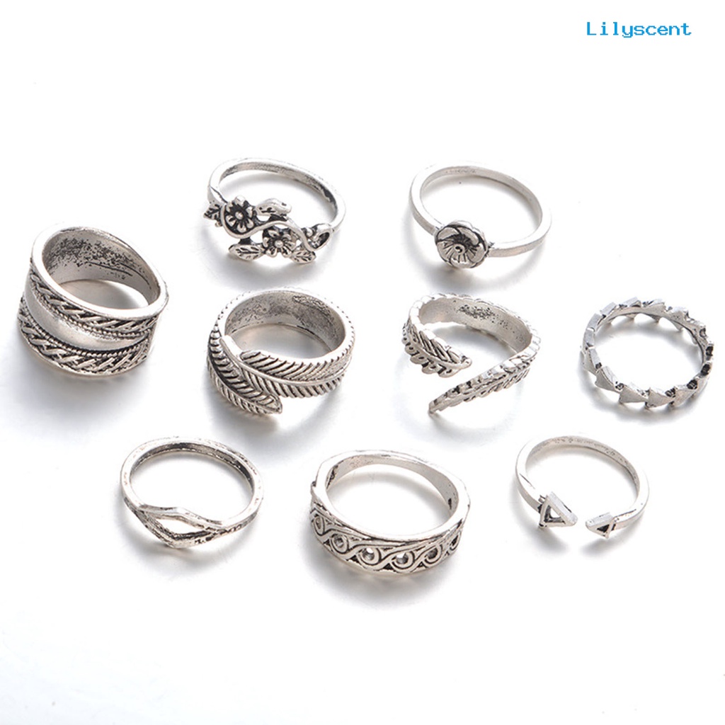 [LS]9Pcs Stackable Knuckle Rings Hollow Keluar Bunga Daun Wanita Vintage Jari Cincin Perhiasan Aksesoris