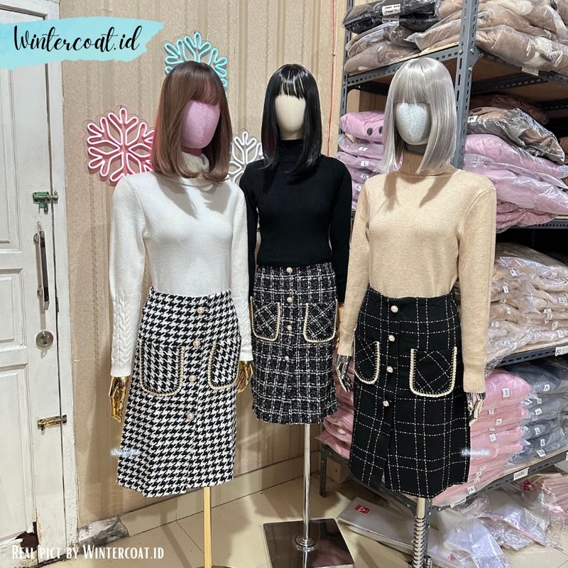 Rok tweed import houndtooth skirt fashion korean style autumn wanita woman cewek spring bawahan